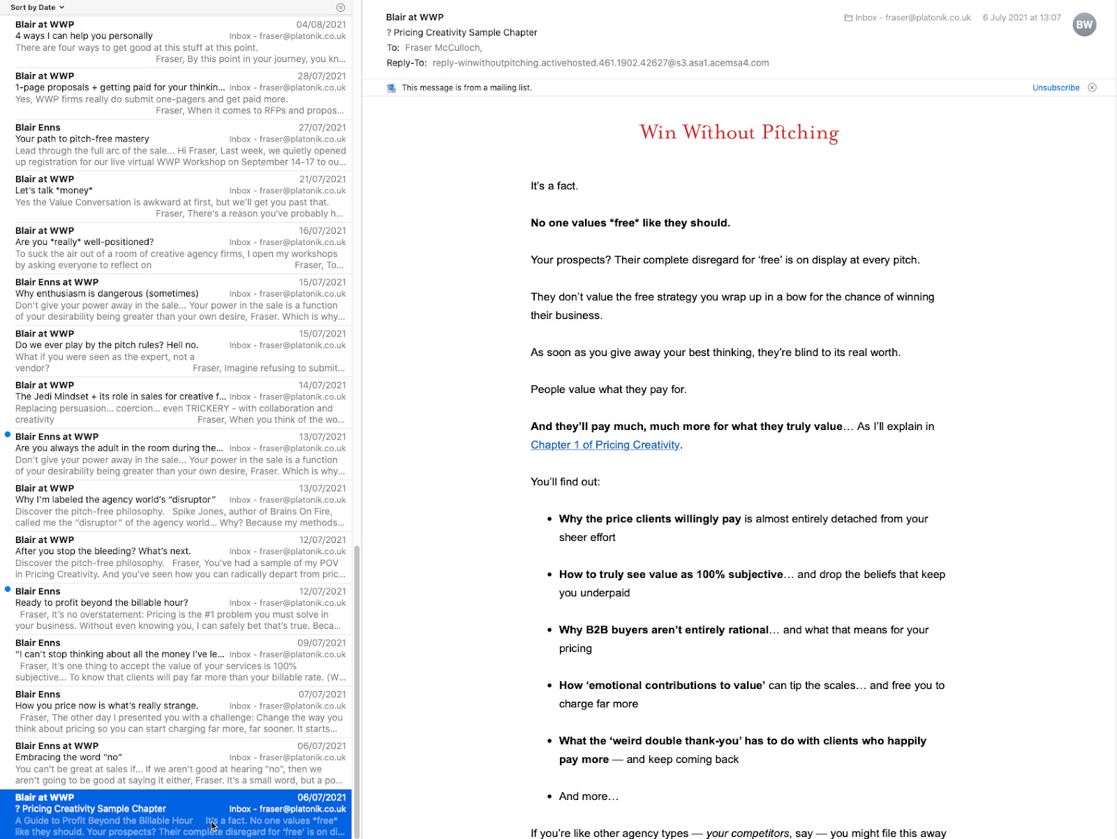 Email inbox; on right, Win Without Pitching's email 