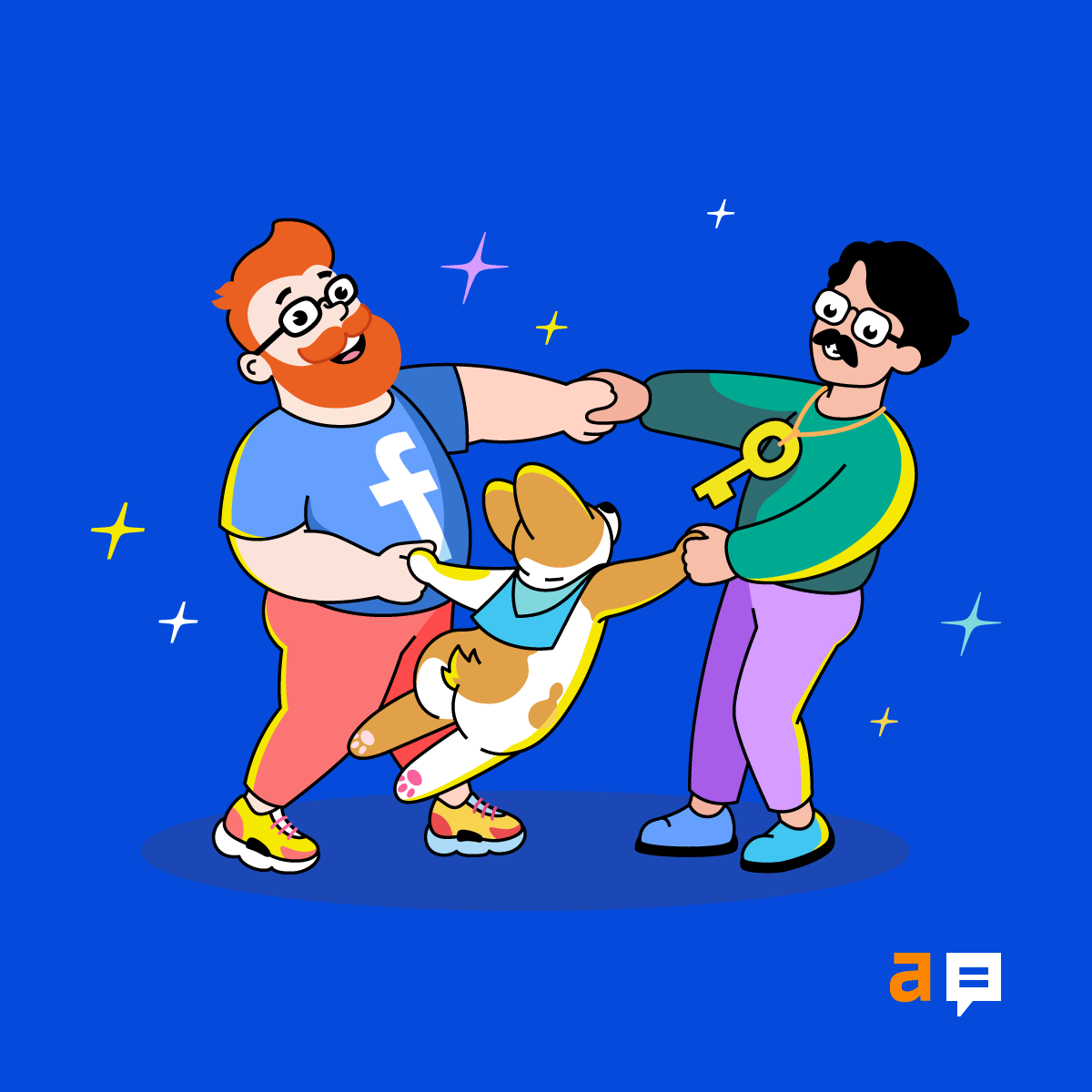 Ahrefs' mascots holding hands/paws and moving in a circle; notably, our bearded man and corgi make an appearance in the image