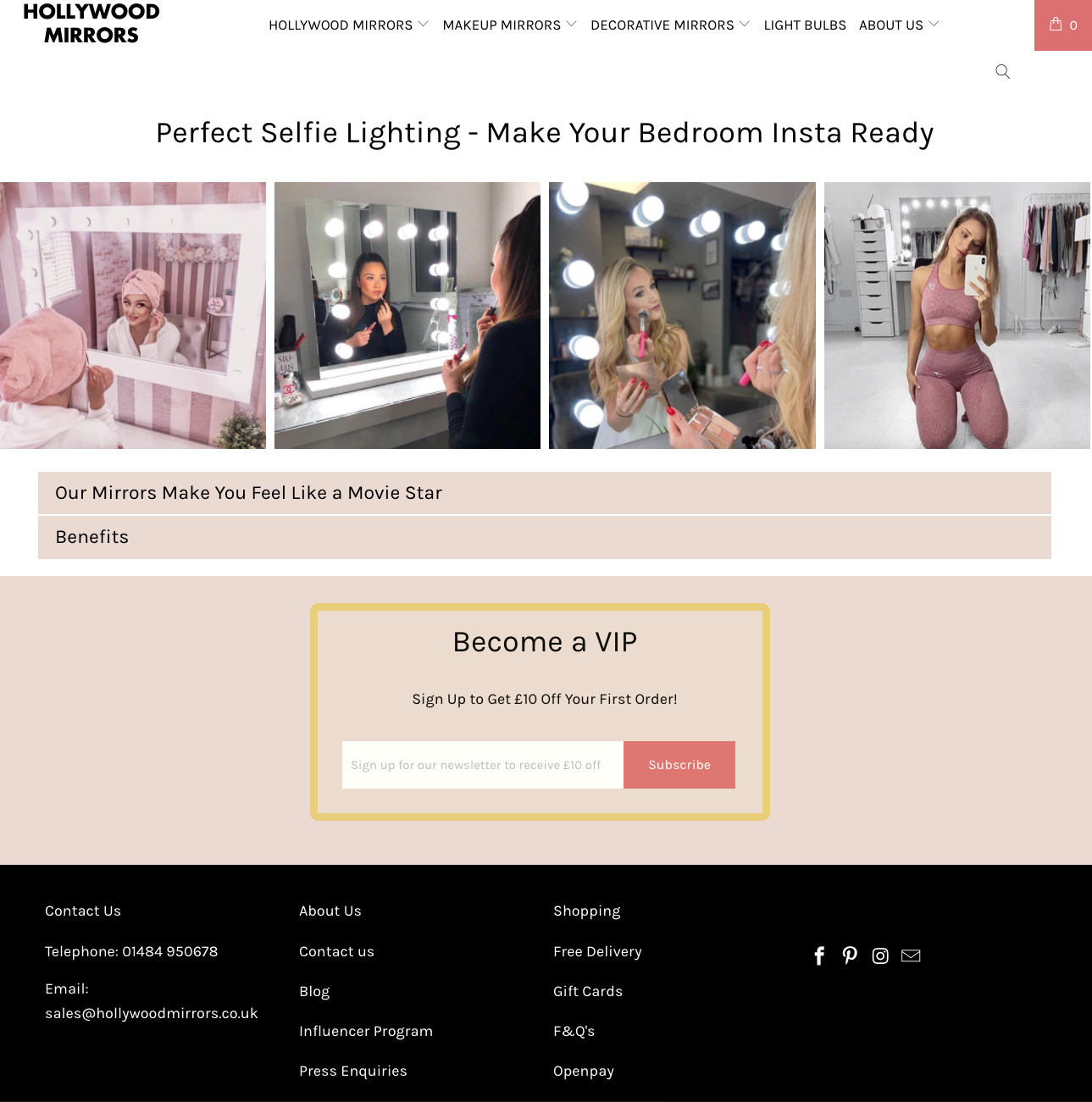 Page showing ladies using mirrors; below, text field to subscribe and become a VIP