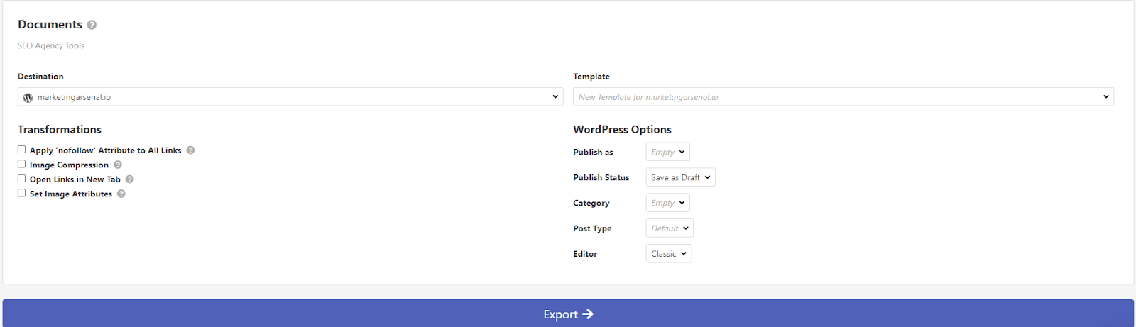 List of Wordable's export settings 