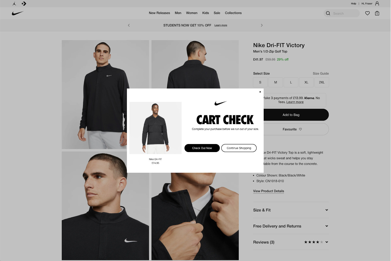 Nike's pop-up message when item is added to cart