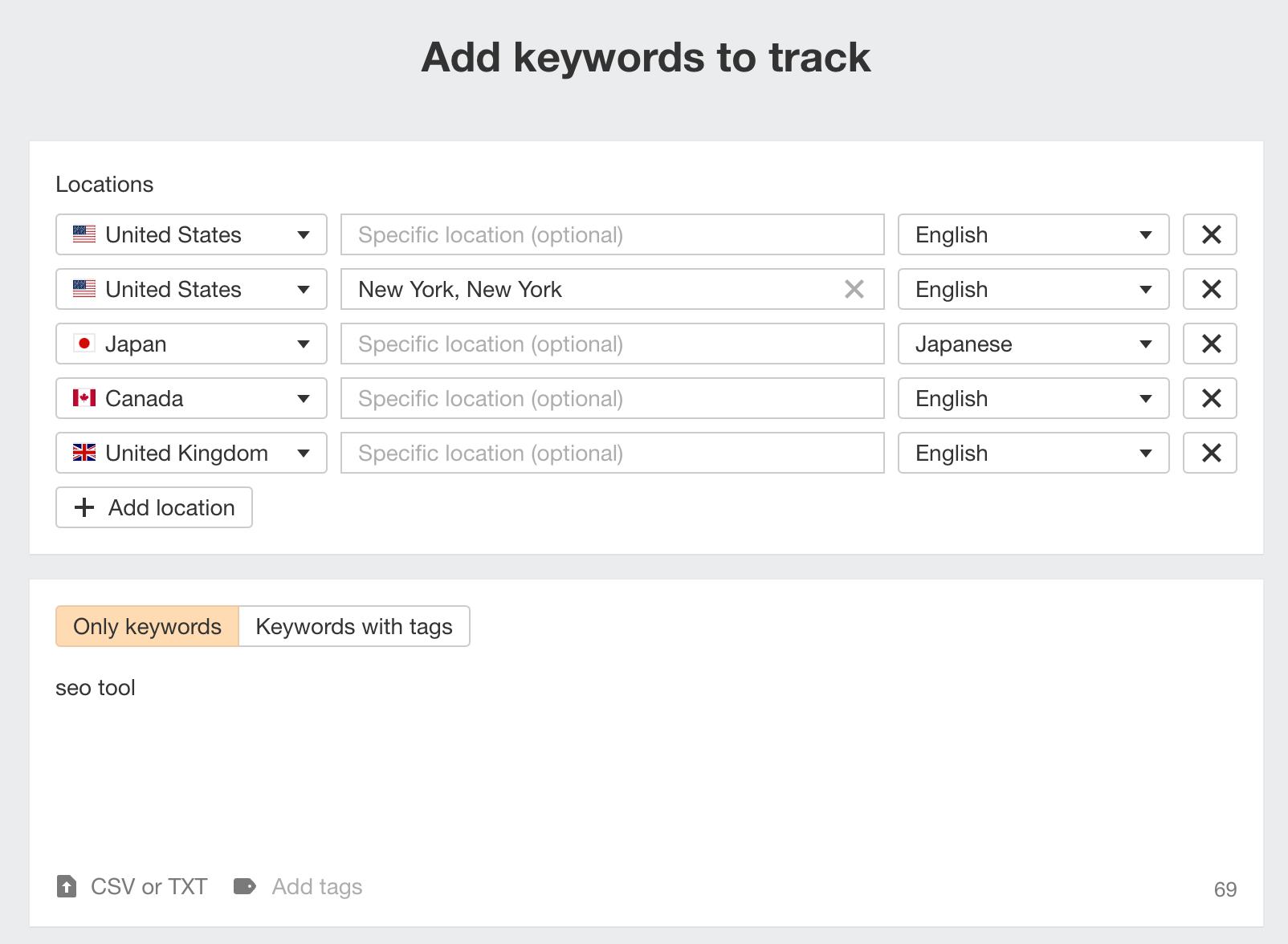 Adding keywords to Rank Tracker. 