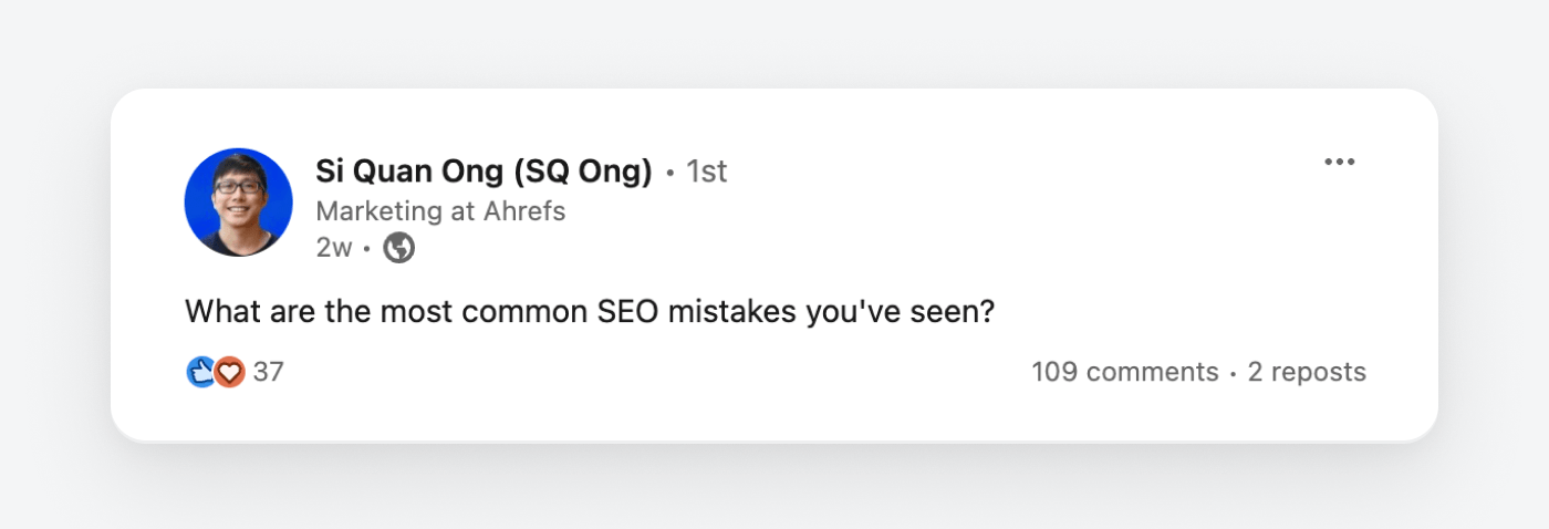 My poll on LinkedIn asking about the most common SEO mistakes