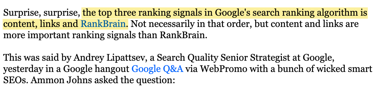 Excerpt of article talking about Google's top three ranking signals