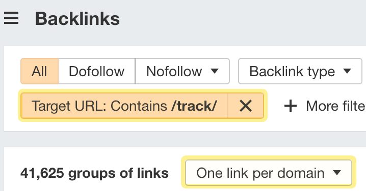 Backlinks report with "One link per domain" filter applied