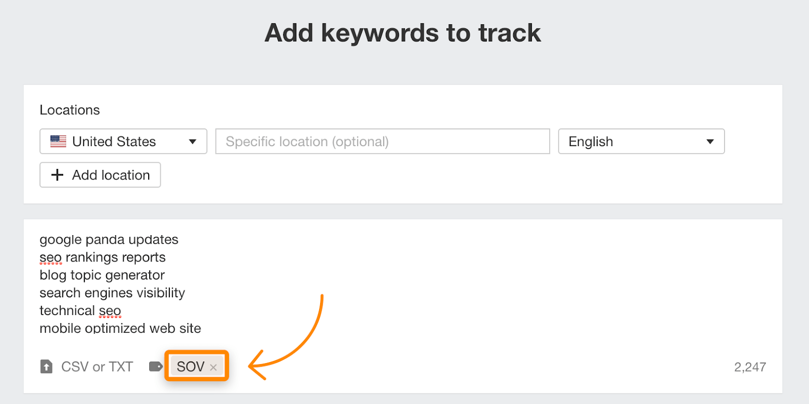 Rank Tracker page where user can add keywords to track; notably, "SOV" tag has been added