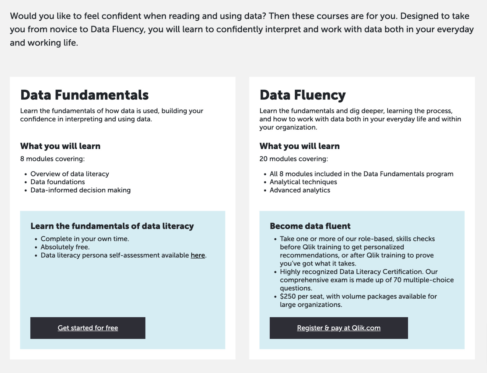 Summary of courses on data fundamentals and data fluency. Below each summary is a button for visitor to click through to start the course/register for it