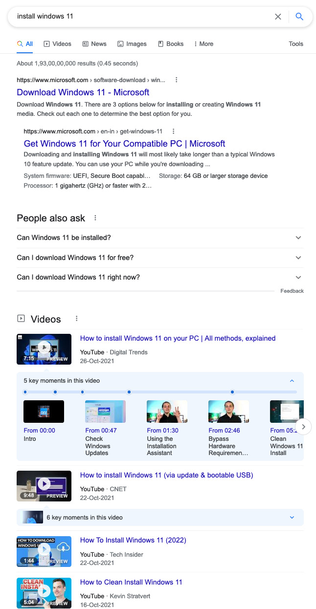 Google SERP of "install windows 11" 