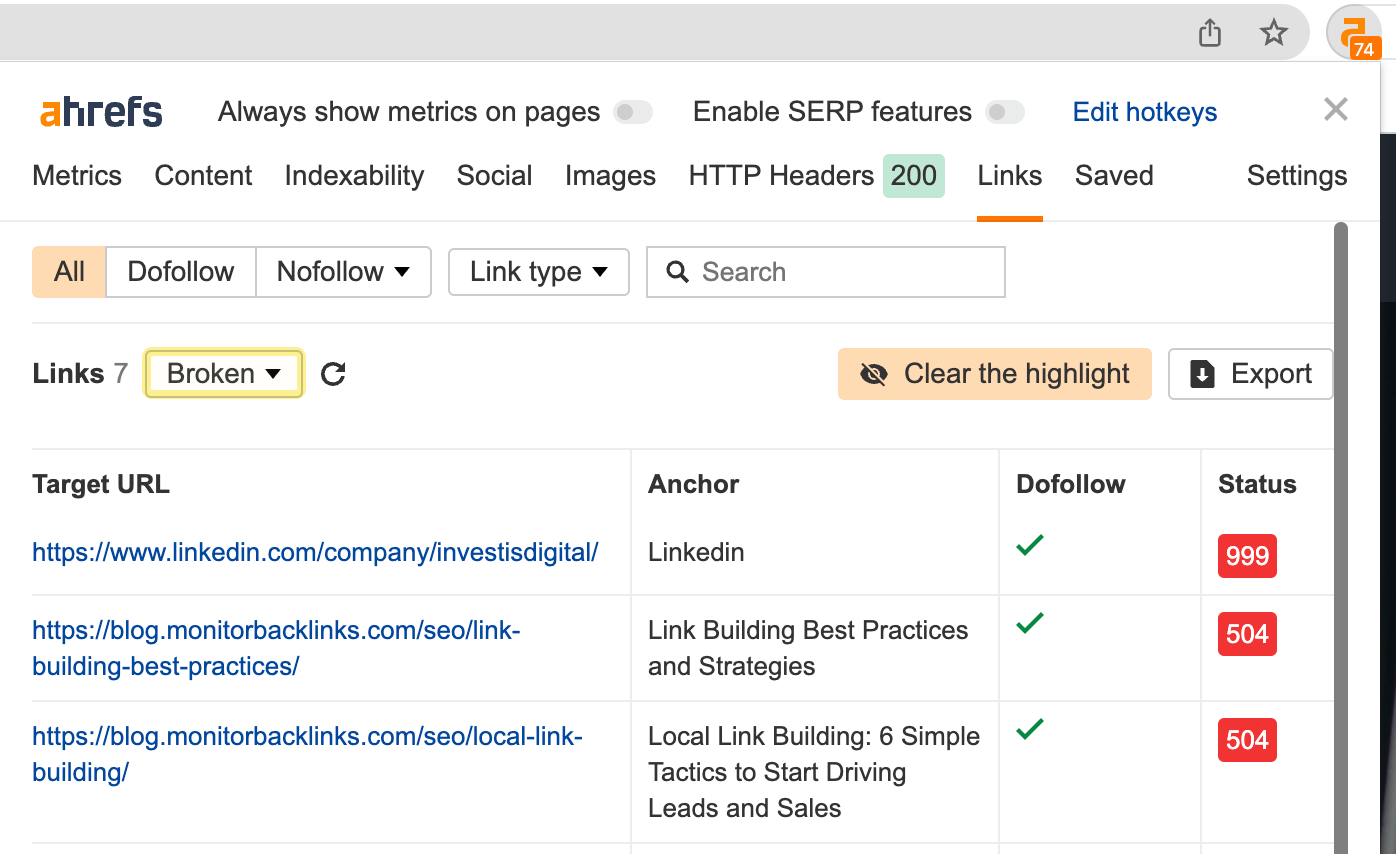 Finding broken links on a page with Ahrefs' SEO Toolbar