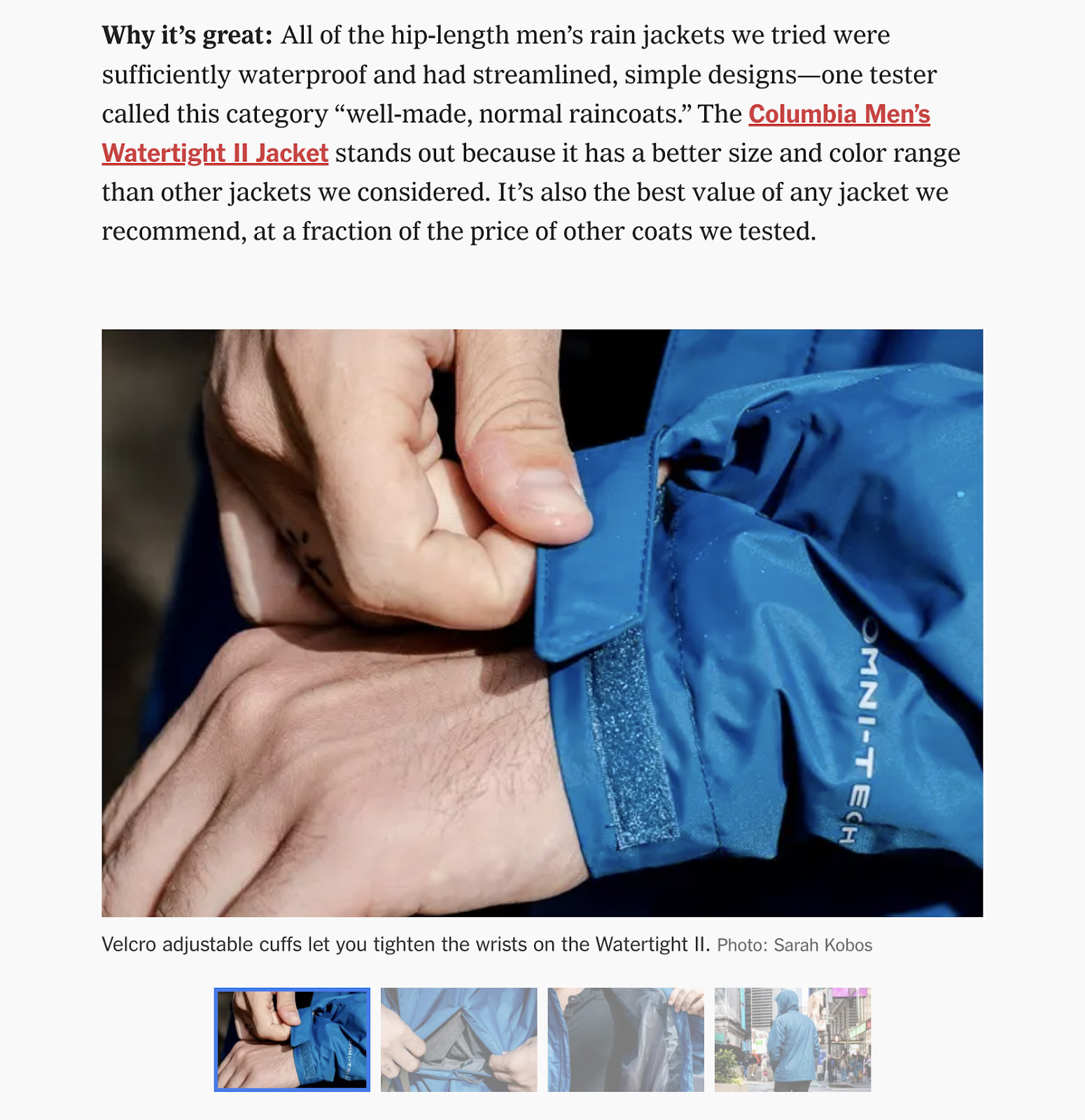 Short, positive write-up about a blue rain jacket; below that, picture of someone's hands adjusting the jacket's velcro cuffs