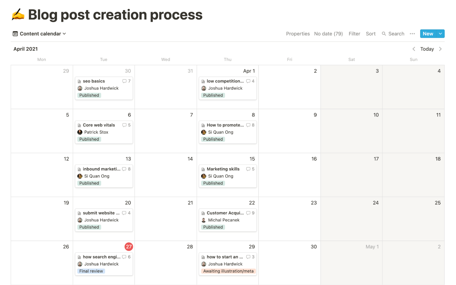 Example of Ahrefs content team's blog calendar on Notion