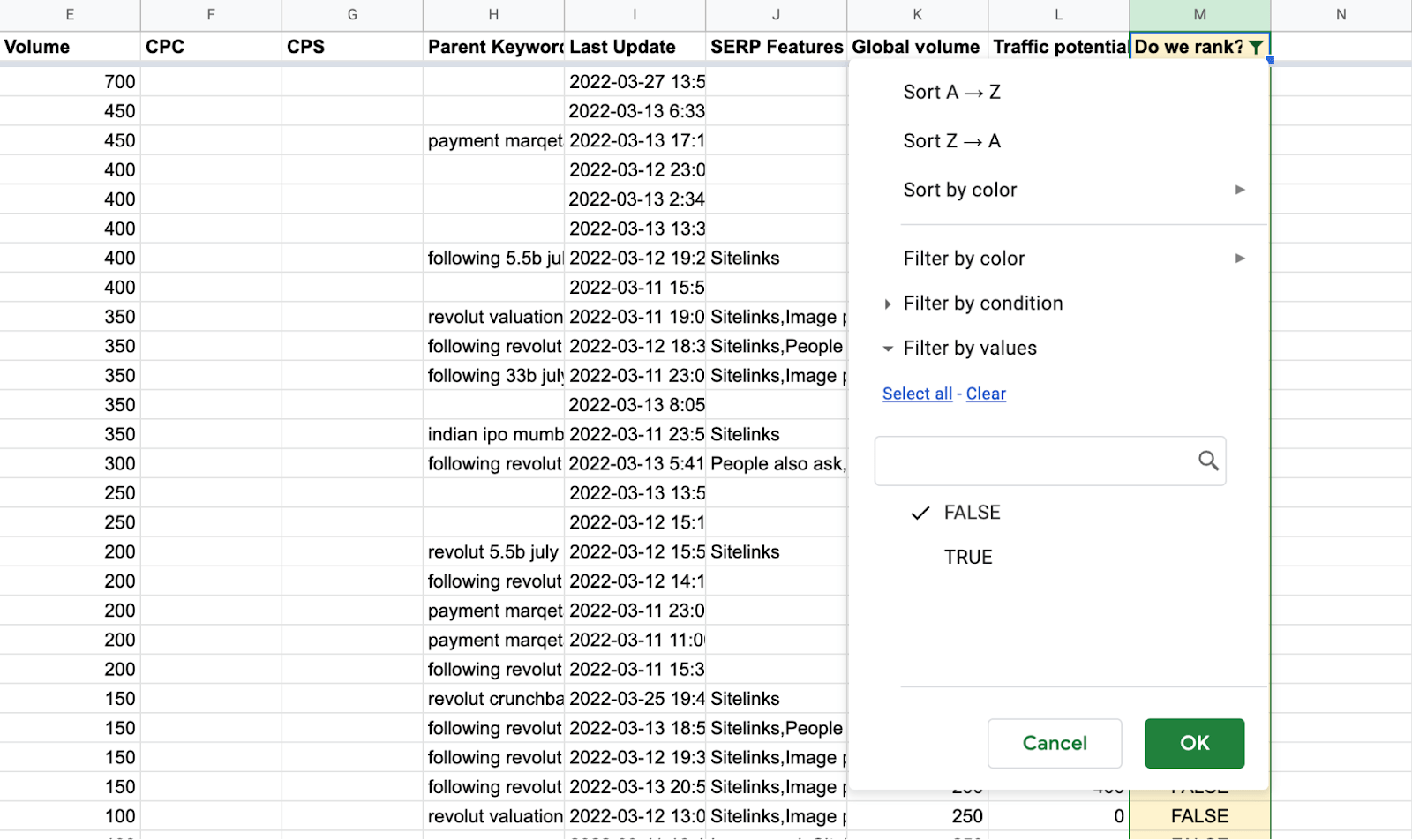 Filter options in Google Sheet