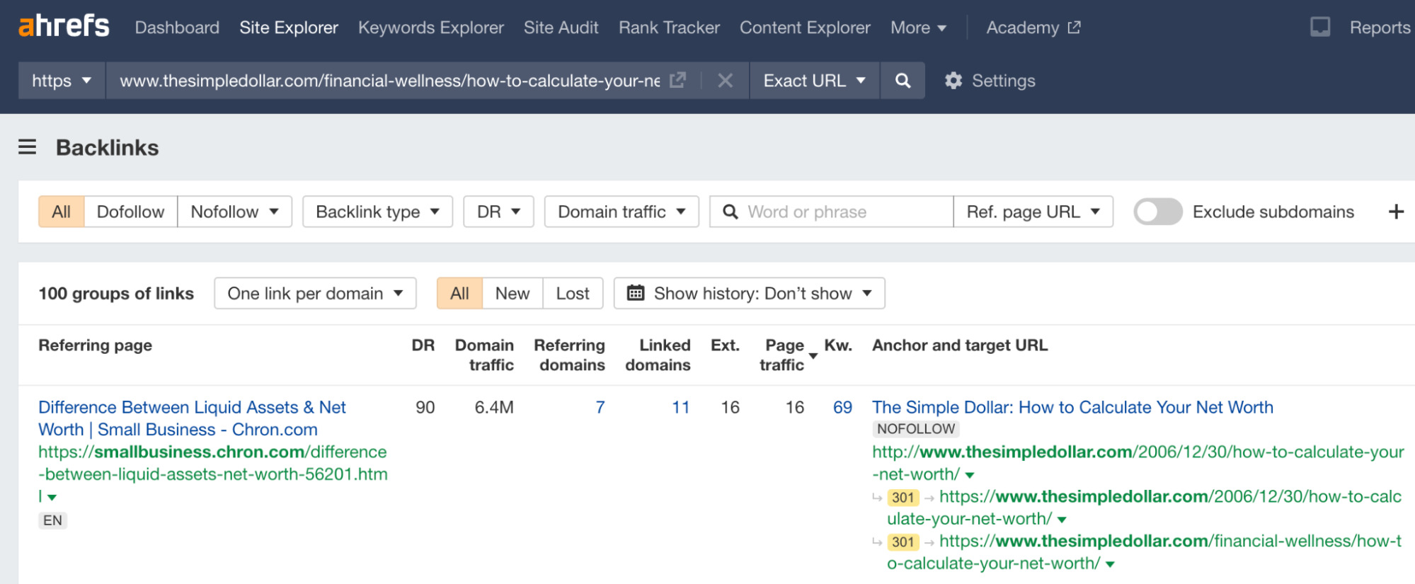 Using the Backlinks report in Ahrefs' Site Explorer to check link quality