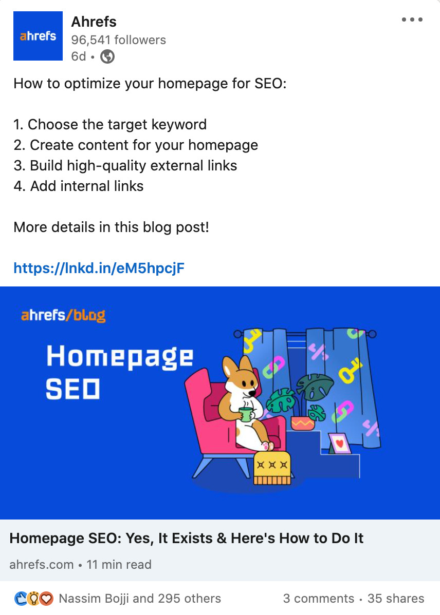Ahrefs' LinkedIn post of a blog article about homepage SEO