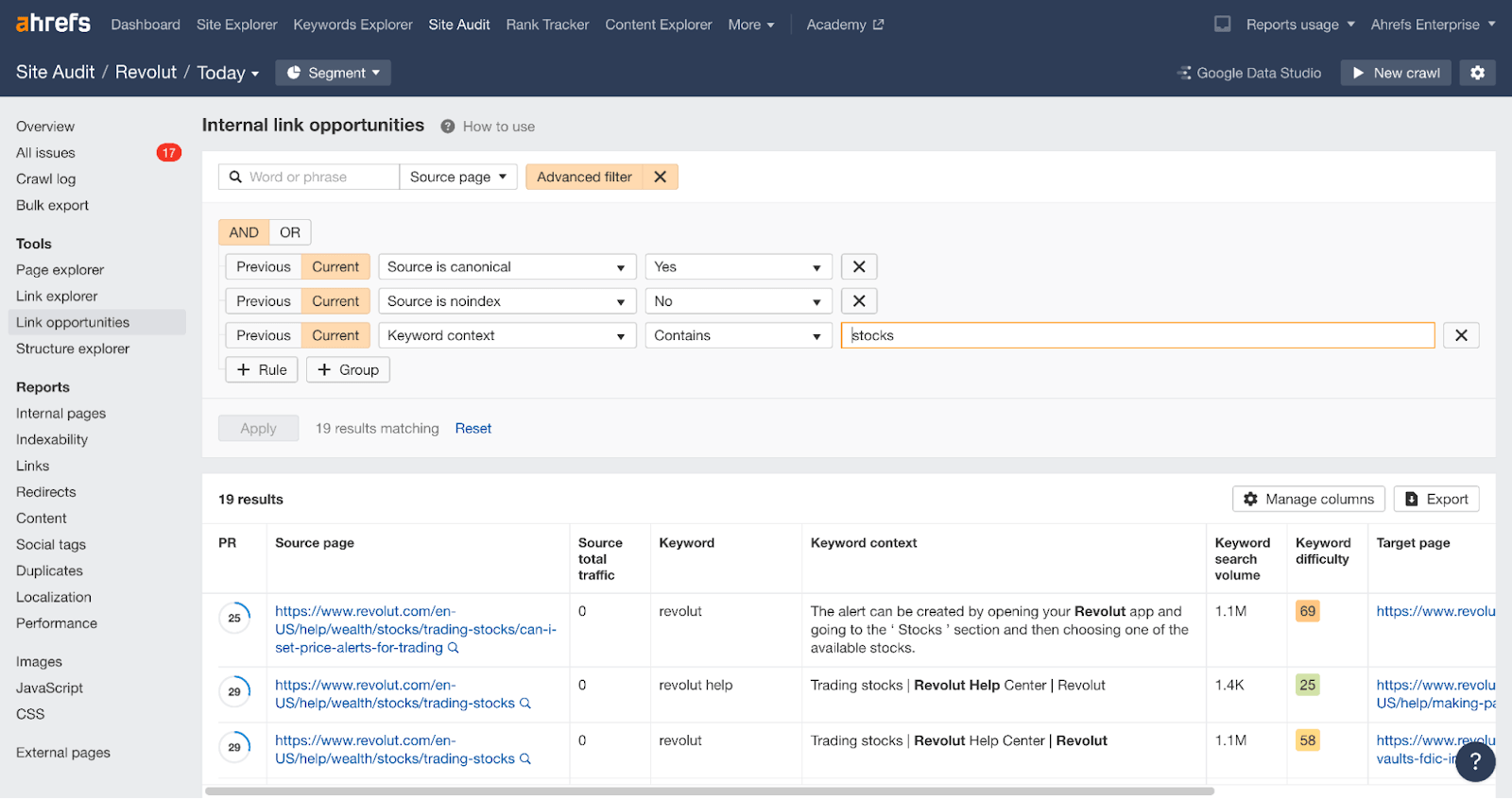 Link opportunities report: advanced filter options above and report results at the bottom