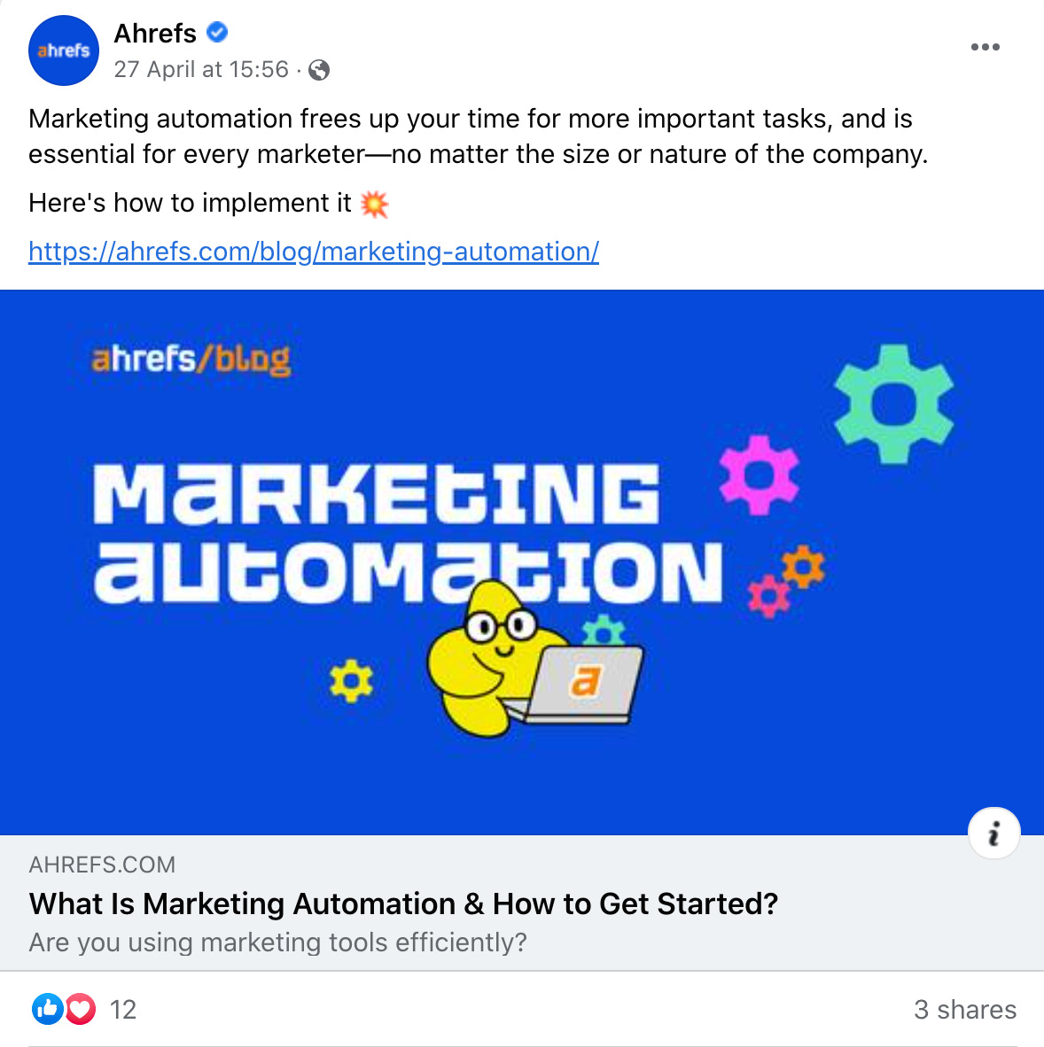 Ahrefs' Facebook post of a blog article about marketing automation