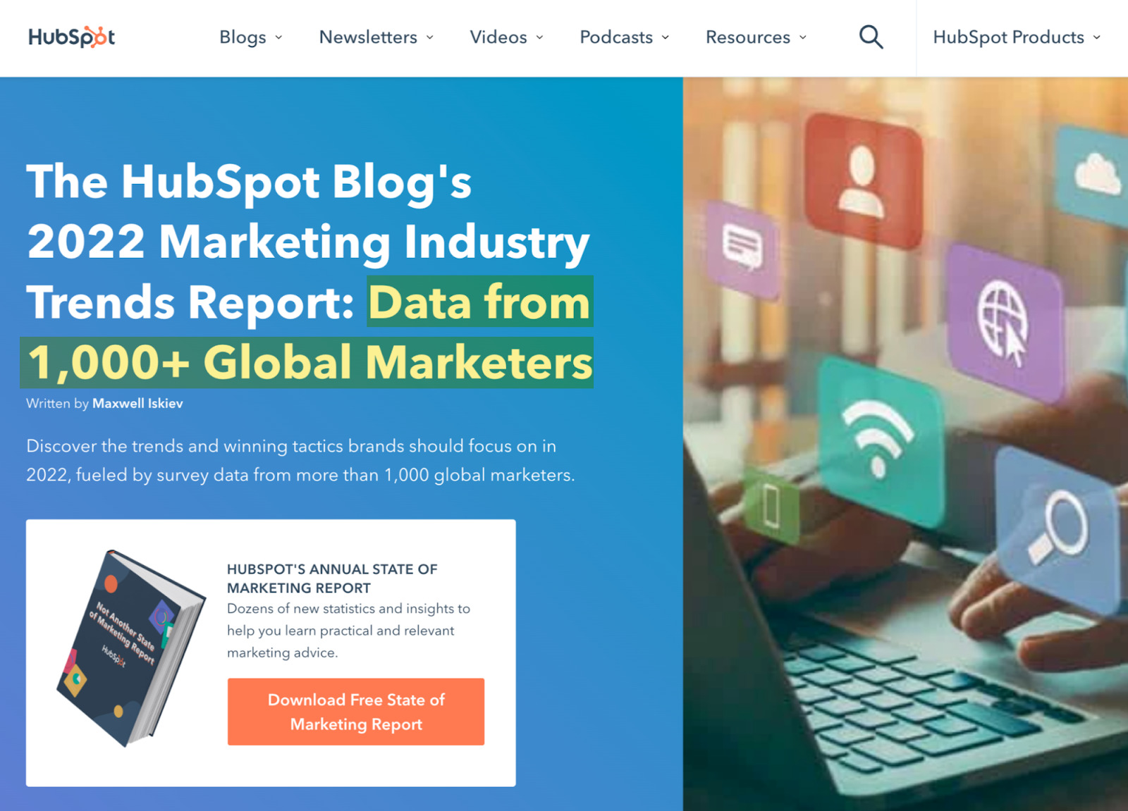 Write-up on HubSpot report; below that, download button for the report. Next to both is picture of someone typing on a computer