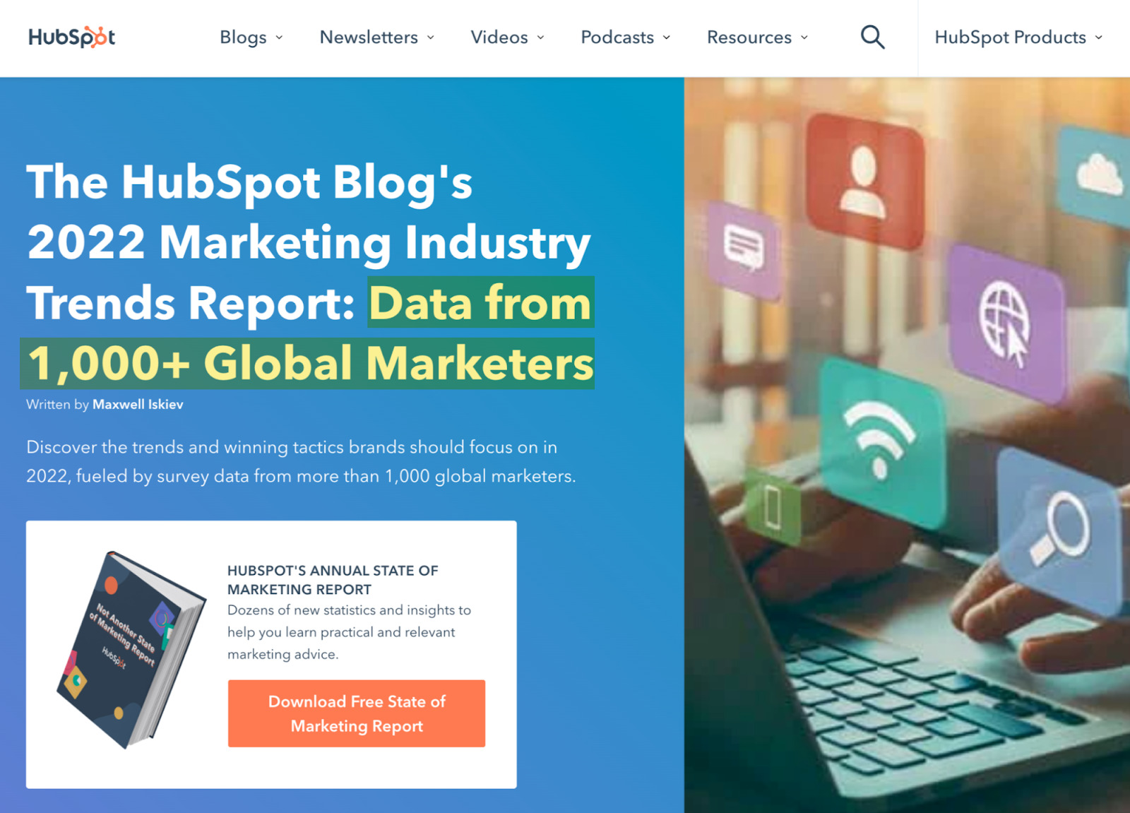 Write-up on HubSpot report; below that, download button for the report. Next to both is picture of someone typing on a computer 