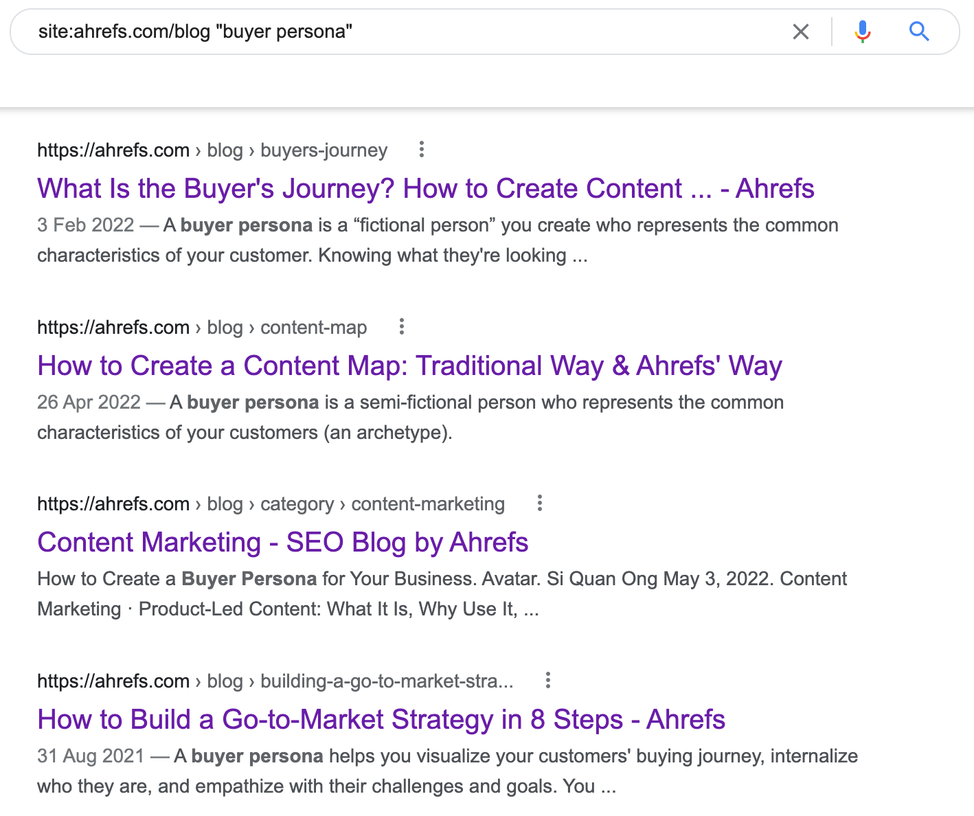Google SERP showing site:search results for term "buyer persona" on Ahrefs' blog