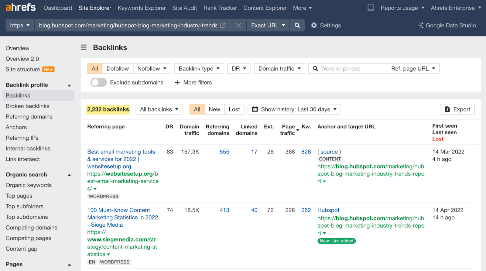 Backlinks report results