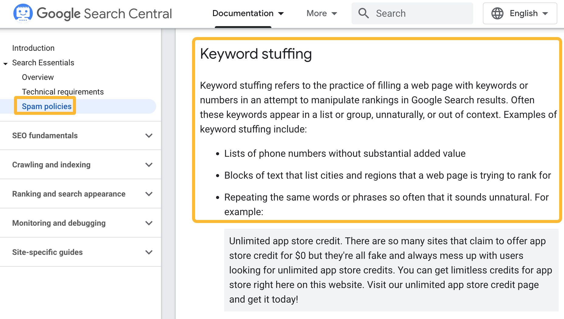 Google's guidelines against keyword stuffing