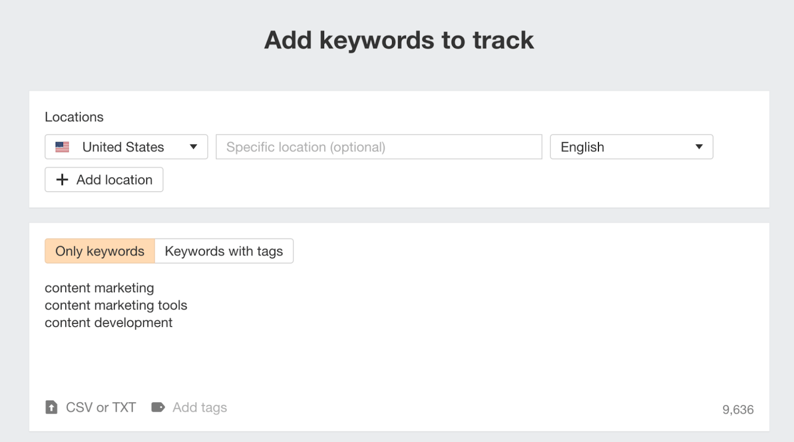Rank Tracker page where user can add keywords to track