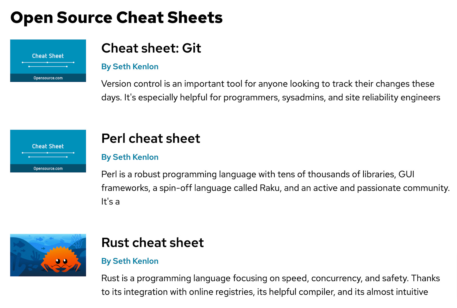 List of cheat sheets with a summary next to each sheet