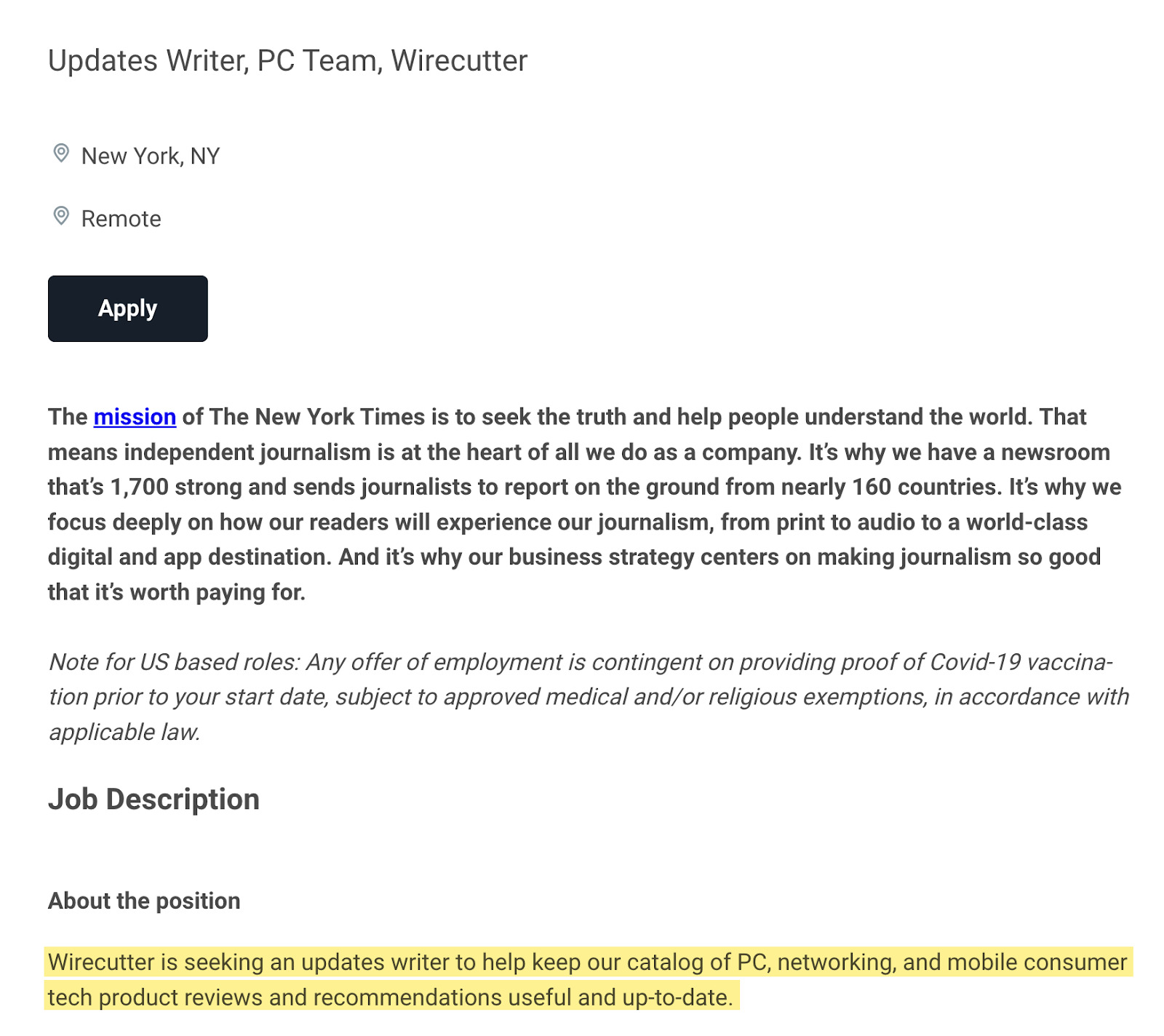Example of Wirecutter job post seeking Updates Writer