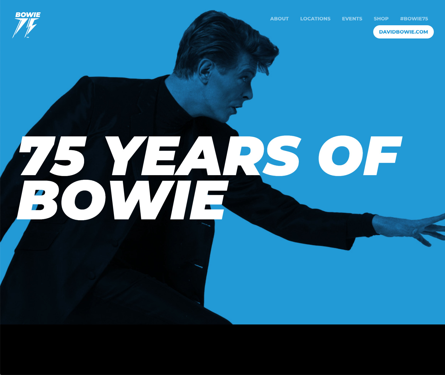 Homepage of the Bowie 75 website; singer David Bowie is featured reaching out to the right 