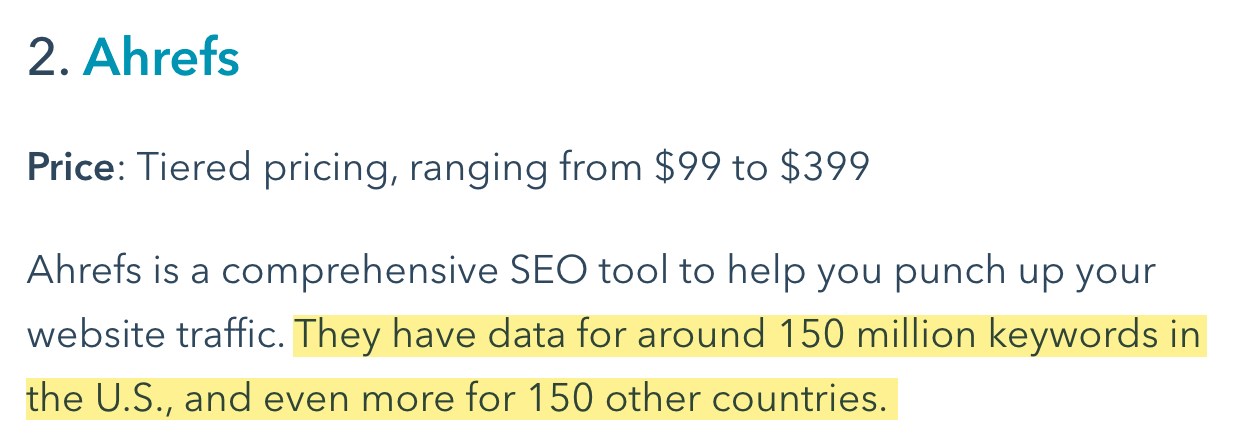 Excerpt of HubSpot's article about Ahrefs