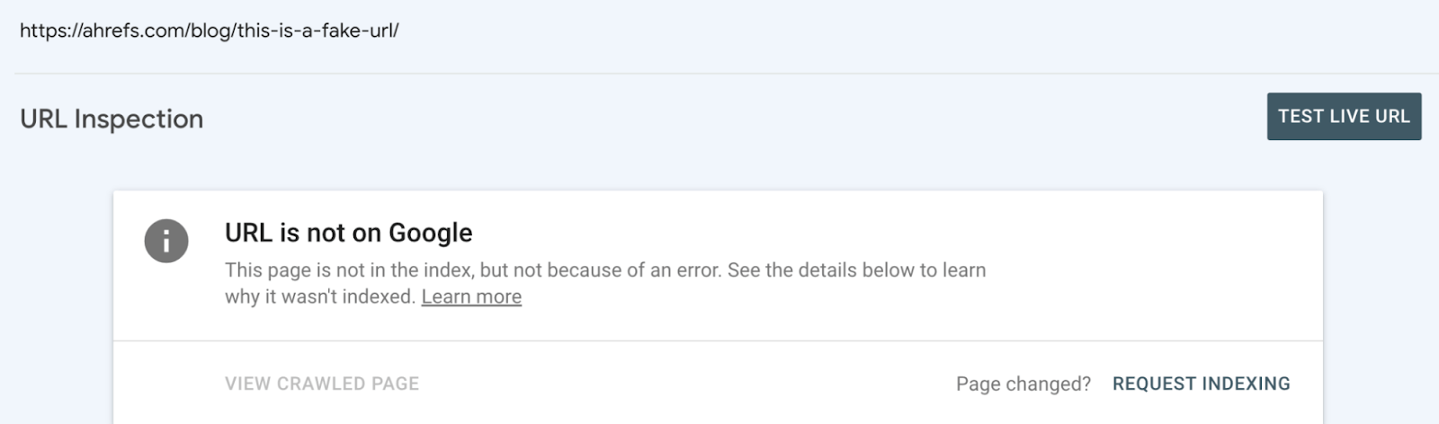 Example of “URL is not on Google” message shown in GSC