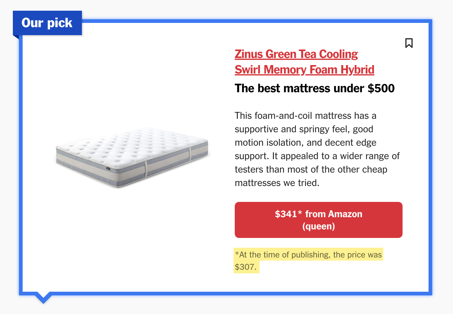 Note below "price box" updating user on the previous price of the mattress 