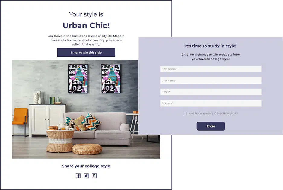 Form to enter personal details to join the giveaway; on its left is a living room decorated in "urban chic" style