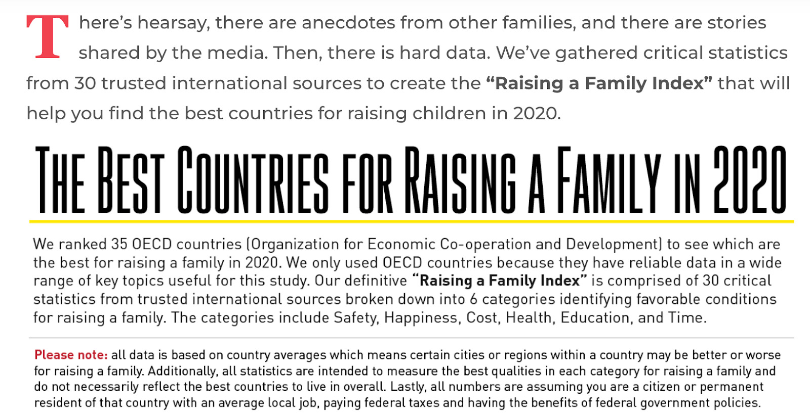 Excerpt of "best countries to raise a family" article