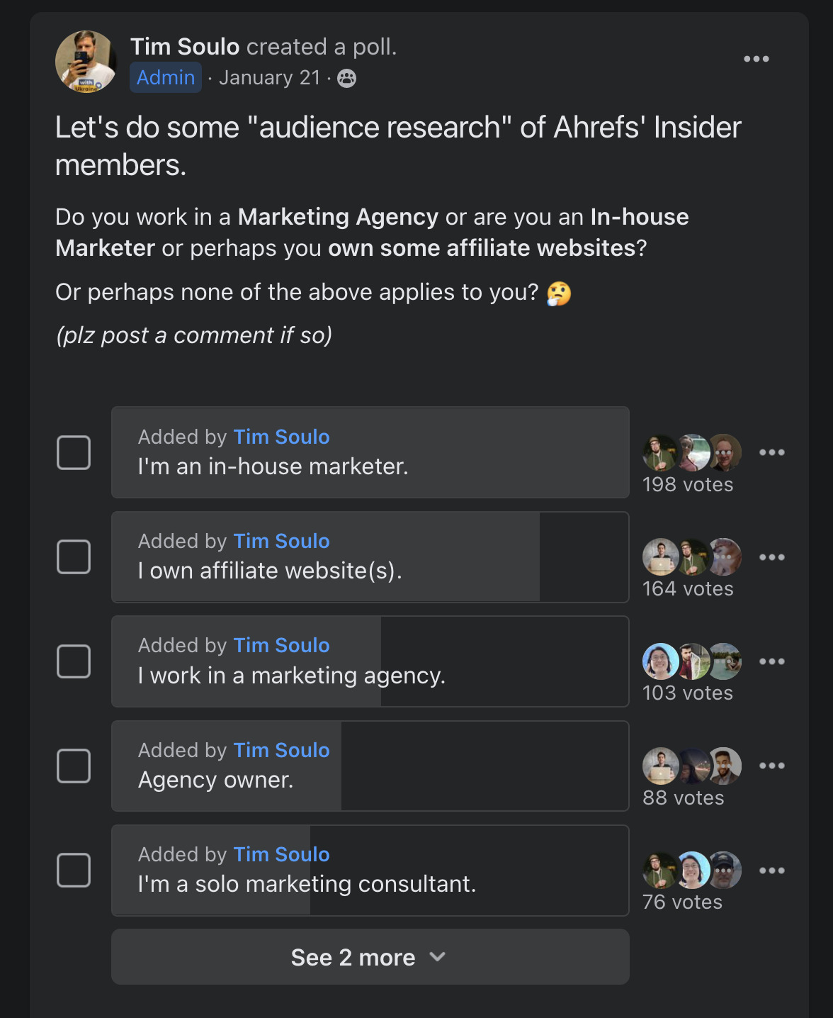 Tim's poll in Ahrefs Insider asking members who they are (in-house marketer, affiliate website owner, etc) 