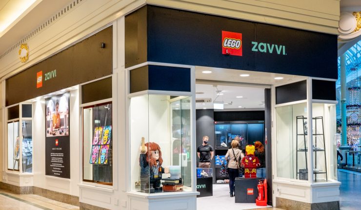 External facade of the Zavvi and Lego store; Lego figurines can be seen in the glass built-ins  