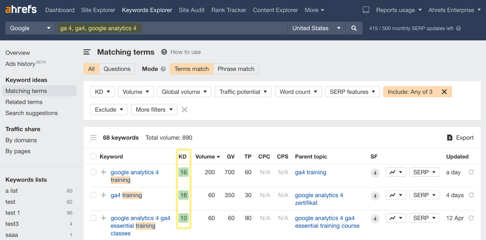 Matching terms report results for "ga 4" and other related terms