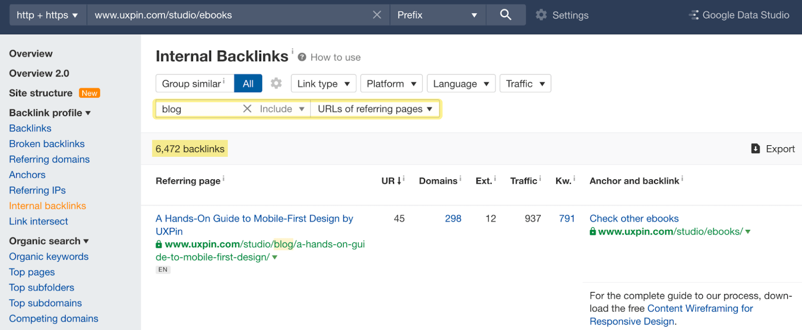 Internal Backlinks report results