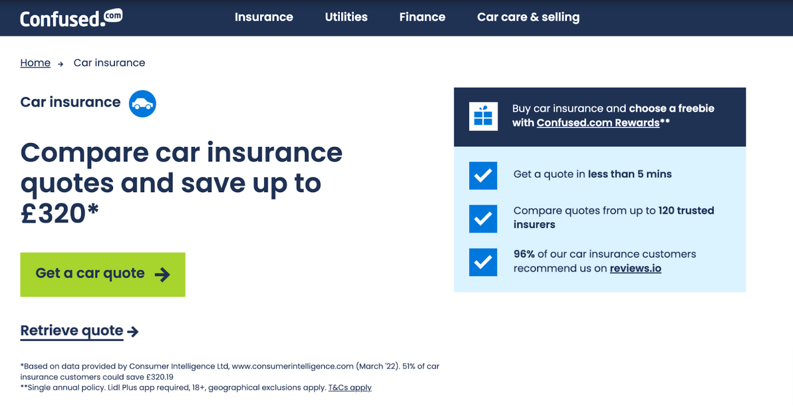 Confused.com's homepage; notably, CTA button to click through and get a quote