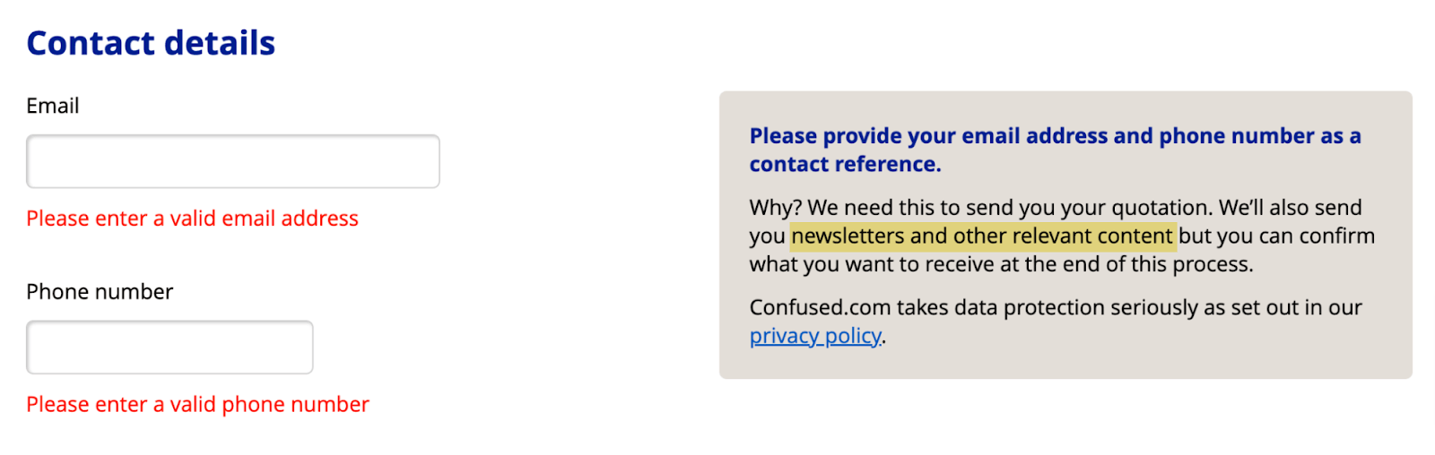 Text fields to submit contact details; next to those, a write-up that states the company will send promotional content to the lead