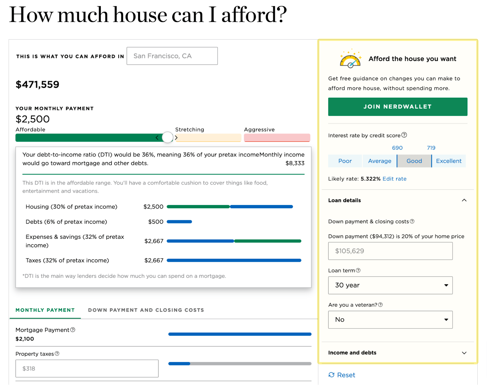 NerdWallet's calculator. On right, CTA button to click through and get free guidance on getting a better house