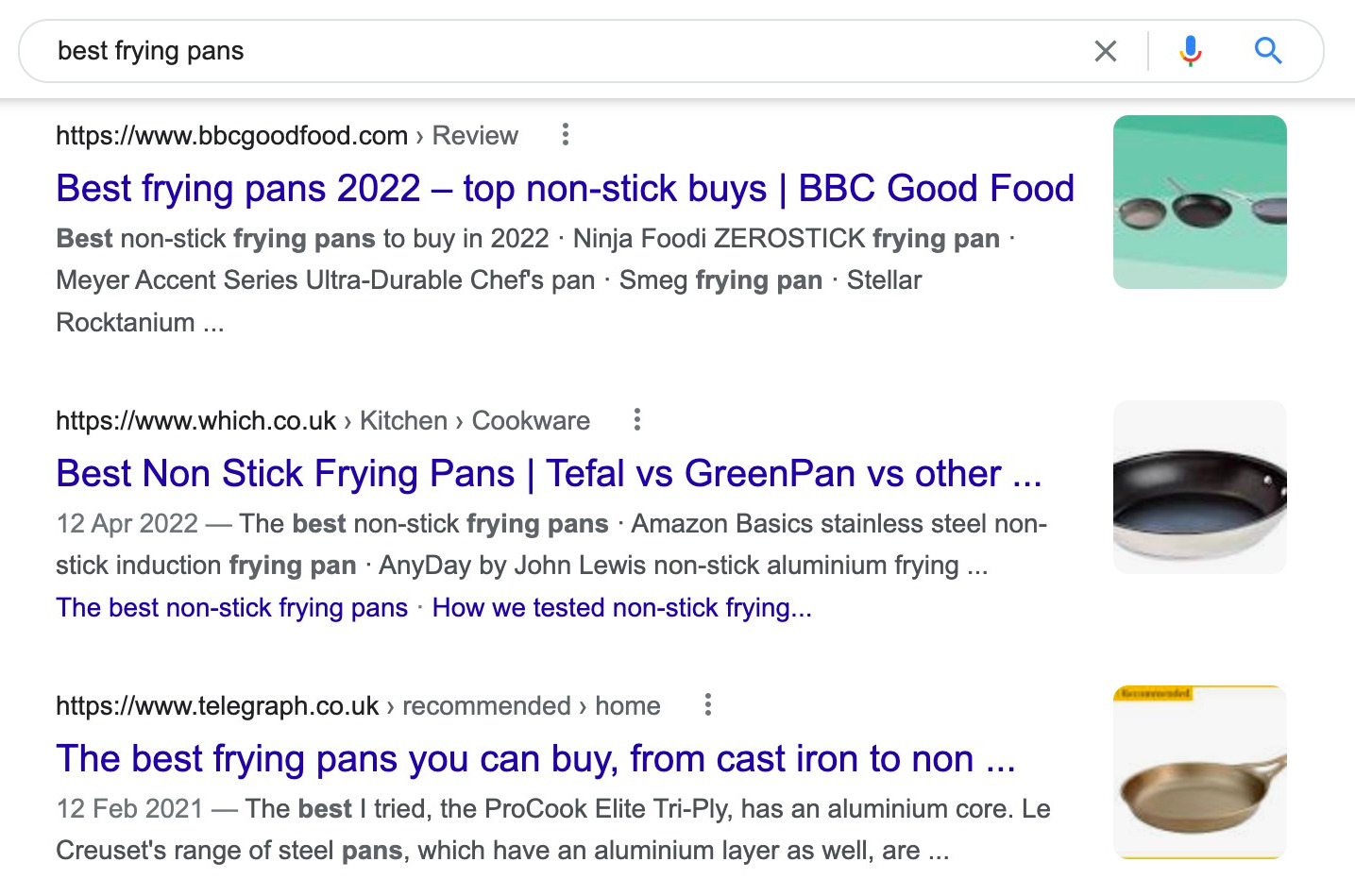 Google SERP for "best frying pans"