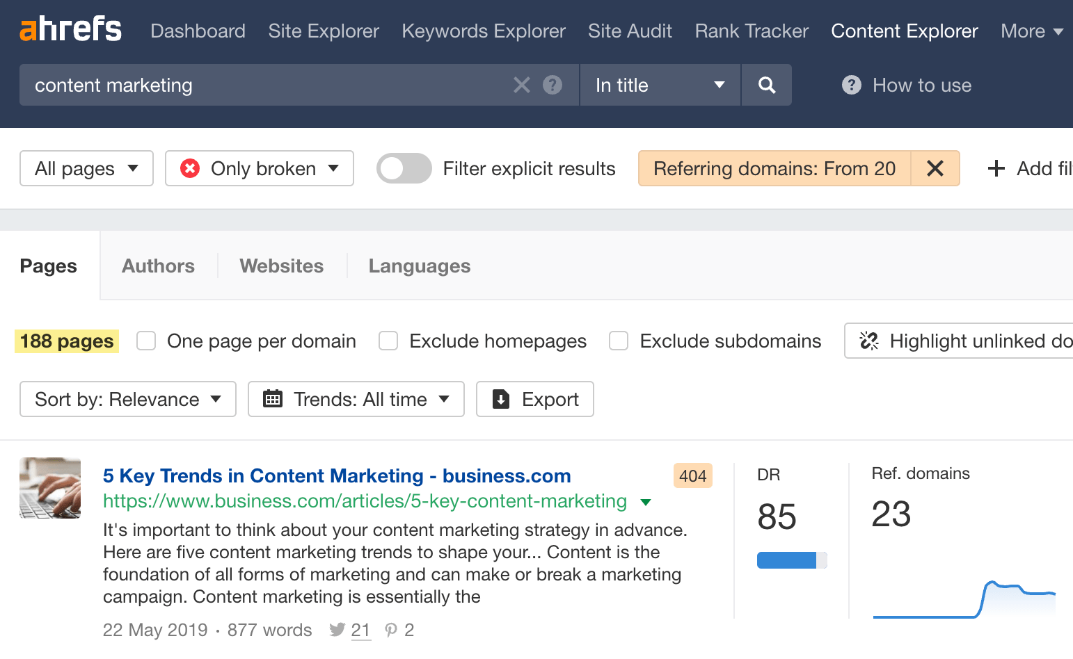 Broken pages with 20+ referring domains in Ahrefs' Content Explorer
