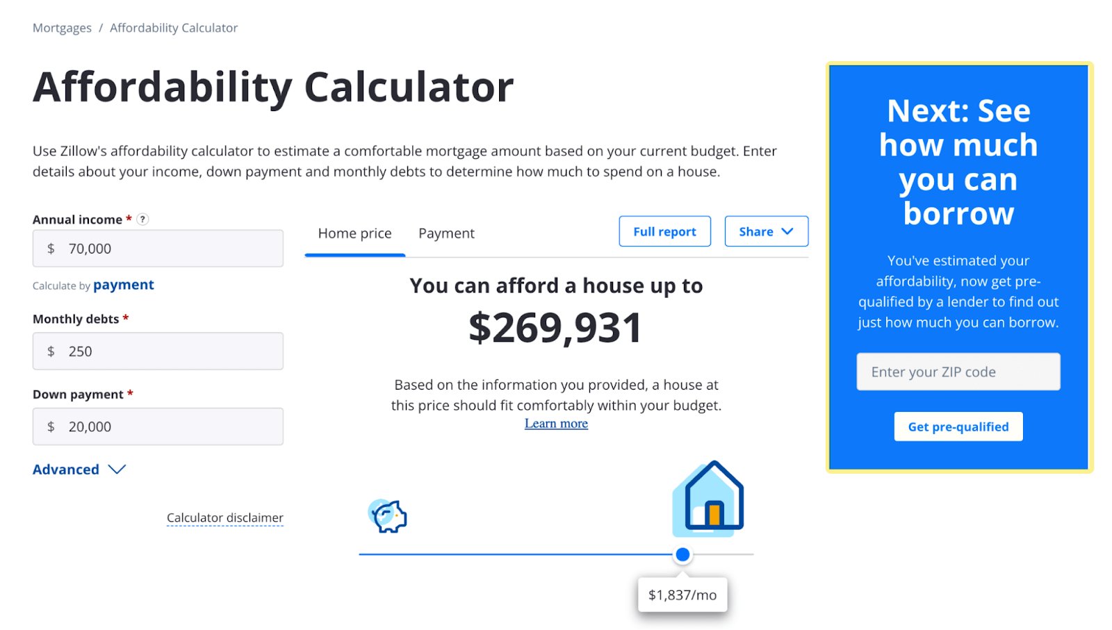 Zillow's affordability calculator; next to it is a text field to fill in ZIP code to get more information