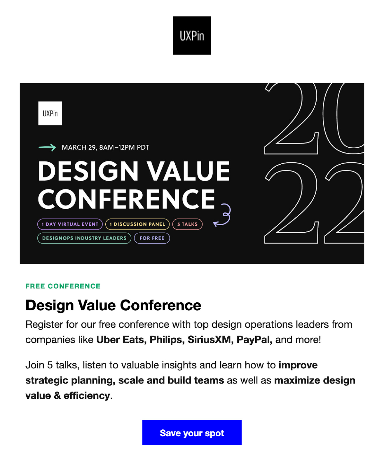 Write-up about Design Value Conference. Below that, a CTA button to click through and register