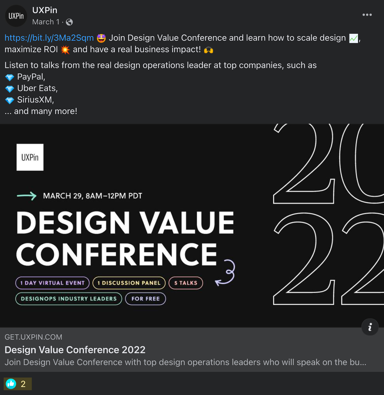 Facebook post about Design Value Conference only got two "likes"