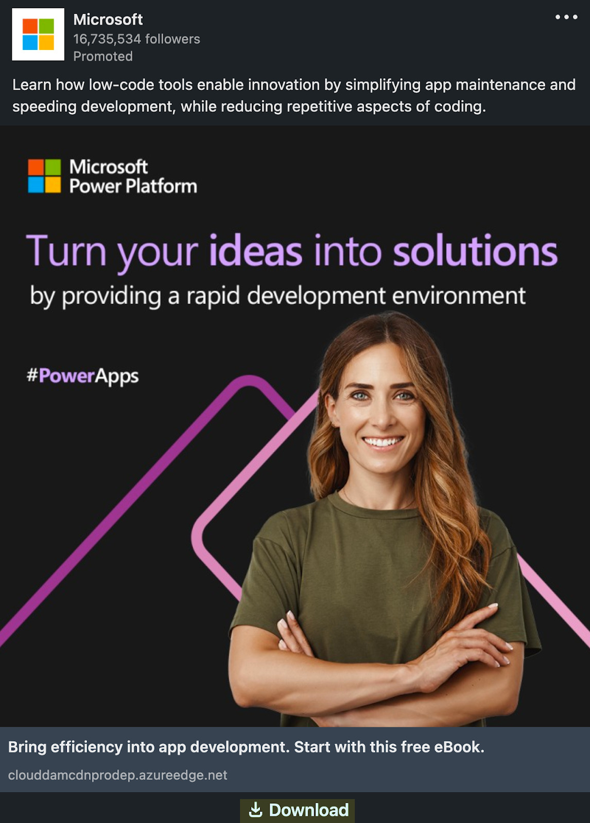 Microsoft's ebook lead magnet shown in the form of a paid ad on LinkedIn 