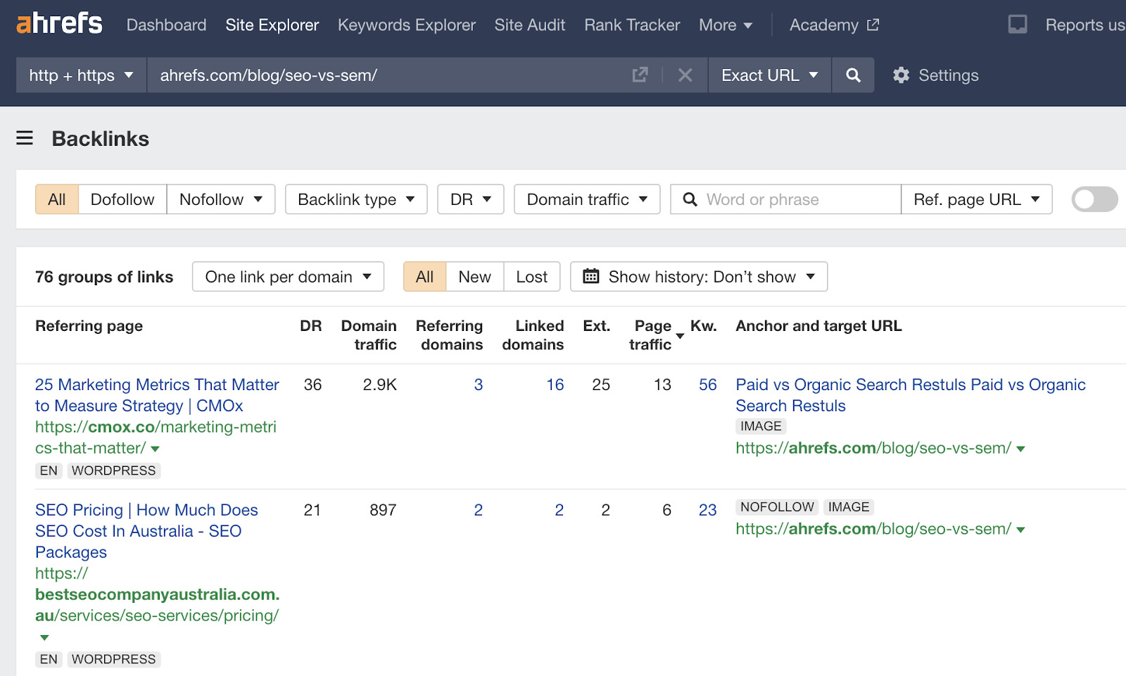 How to see a page's backlinks in Ahrefs' Site Explorer