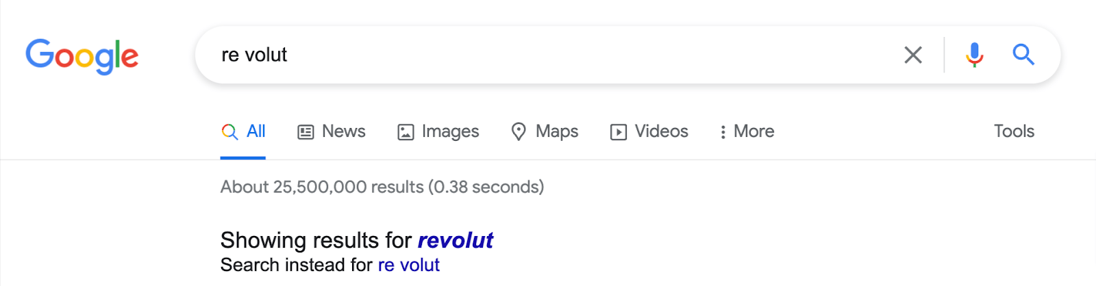 Napačno črkovanje od "revolucija" kot "re volut";  Google samodejno popravi izraz in nakaže, da bo prikazal rezultate za pravilno črkovano ime
