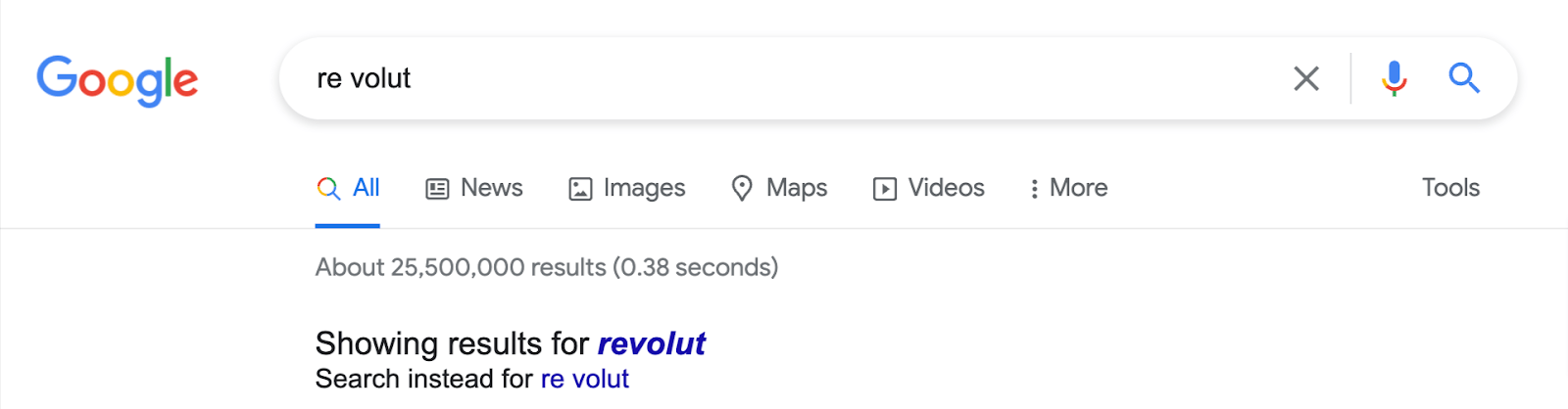 拼写错误的 "Revolut" 作为 "关于Volut"; 谷歌自动纠正术语，并表示将显示正确拼写的名字的结果